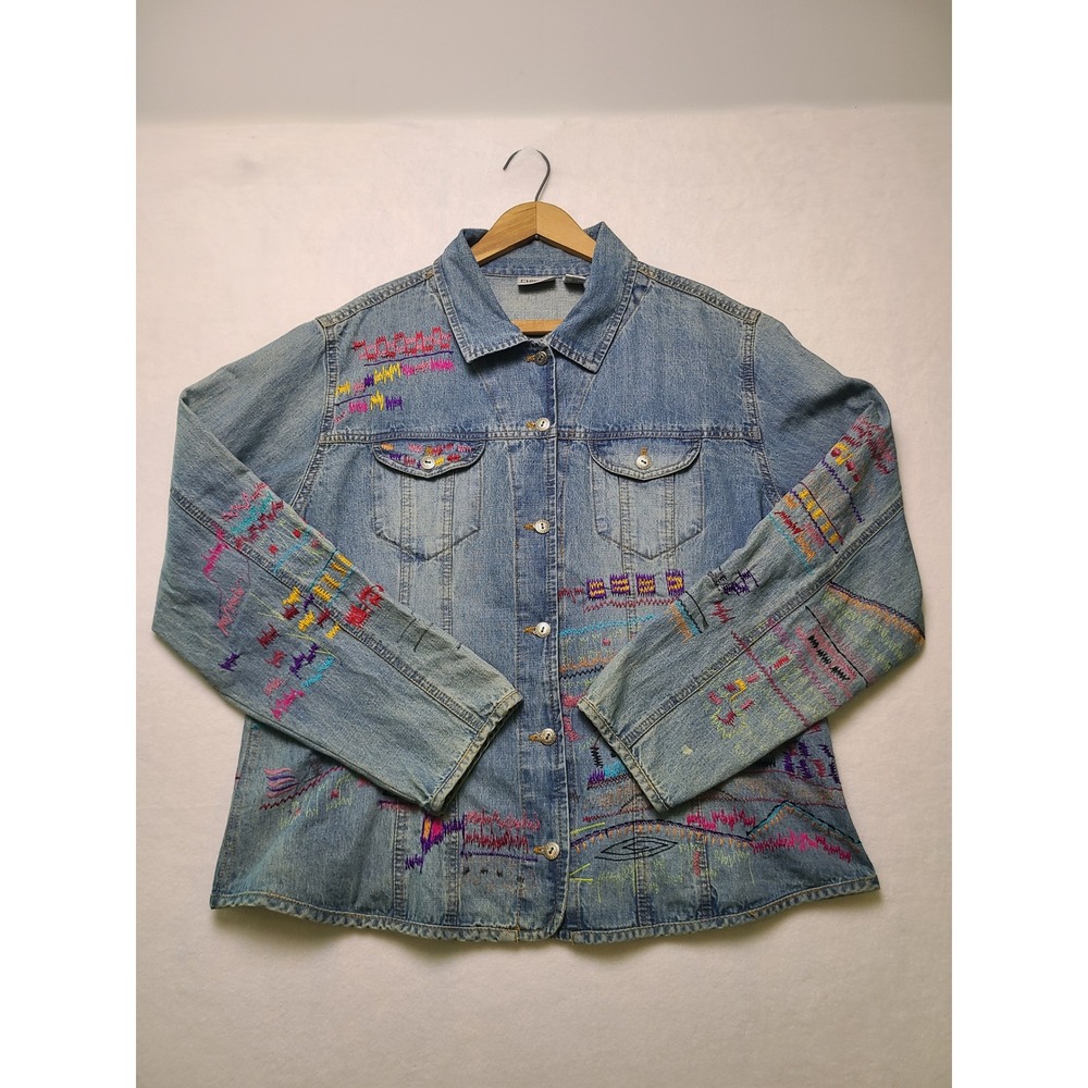 VTG Chico's Size 3/XL Denim Jacket Boho Embroidered Art Wash Blue Cotton Granny
